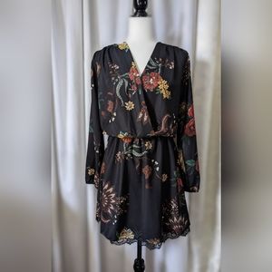 Boho Long Sleeve Black Floral Slouchy Top Dress